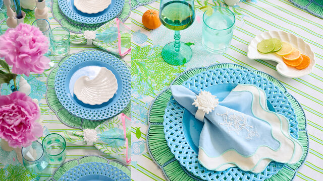 Tablescape set with blue and green table decor